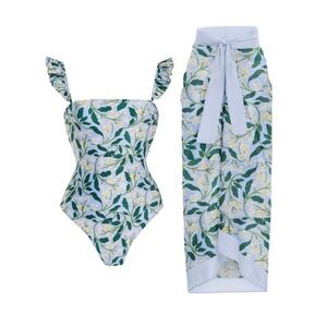 Floral One Piece Swimsuit and Matching Sarong Set Blue Green Ruffle Small